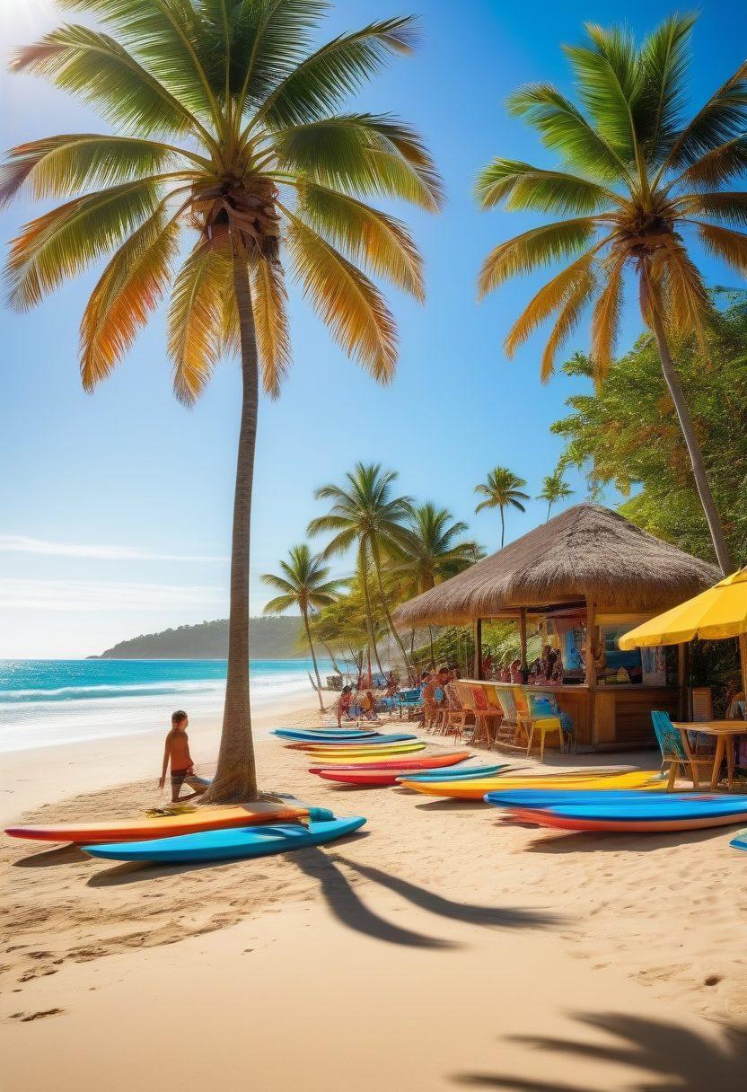 A lively beach scene depicting surfers catching waves under a bright sun, with colorful surfboards propped in the sand. Include beachgoers enjoying sunbathing, children building sandcastles, and a vibrant beach bar in the background. Surround the scene with tropical palm trees and a clear blue ocean. Capture the joyful essence of coastal living. vibrant colors. 3D.