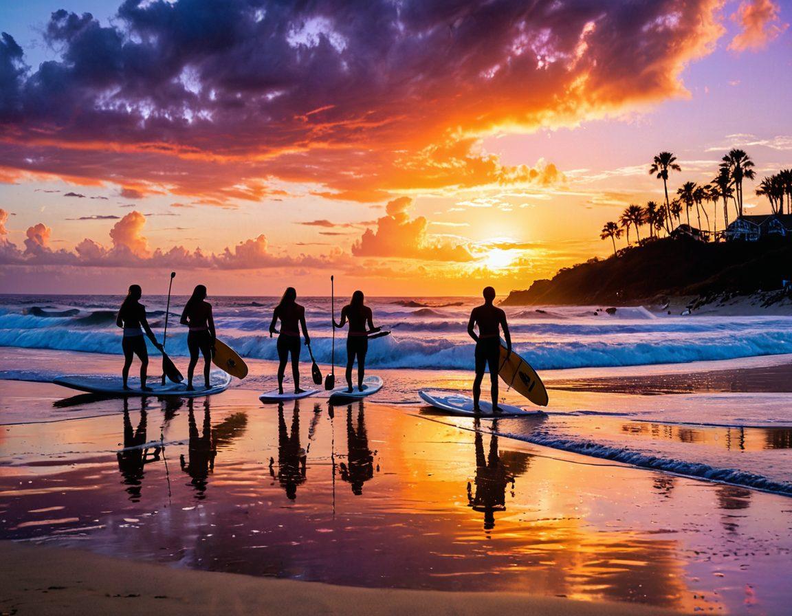 A dynamic scene of surfers riding powerful waves under a vibrant sunset sky, with silhouettes of excited beachgoers cheering along the shore. Incorporate various water activities like paddleboarding and beach volleyball in the background, while colorful surfboards lean against the sandy dunes. Capture the essence of adventure and camaraderie by adding a small bonfire with friends in the foreground. super-realistic. vibrant colors. dynamic composition.