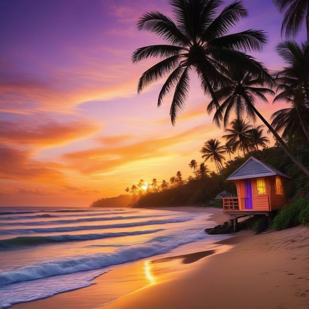 A vibrant beach scene with surfers riding colorful waves, palm trees swaying in the gentle ocean breeze, and sunbathers enjoying the summer sun. The background features a stunning sunset casting warm hues over the water, and a surfboard leaning against a beach hut adorned with coastal décor. Capture the essence of adventure and relaxation in a lively coastal lifestyle. super-realistic. vibrant colors. tropical theme.